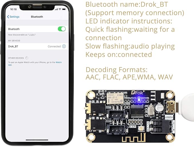 DROK Blue~Tooth Board, 12V Audio Receiver Blue~Tooth Module DC 5V-12V Portable Wire~Less Electronics Stereo Music Receive Circuit Chip with Micro USB Port for Headphone Speaker Home Sound System DIY
