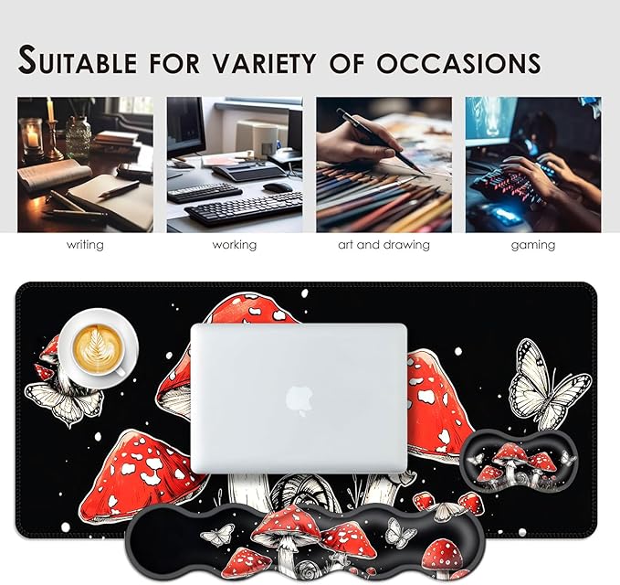 BFUKVOU Large Keyboard Mouse Pad Set, Extended Mouse Pad+Keyboard Wrist Rest Support, Memory Foam Ergonomic Easy Typing, 4Pcs (31.5×11.8 in) Desk Pad Set for Office Home,Mushrooms and Butterflies