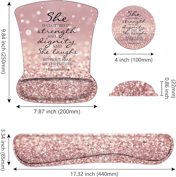 Ergonomic Mouse Pad Wrist Support and Keyboard Wrist Rest Set with Coasters, Non-Slip PU Base, Easy Typing and Relieve Wrist Pain, Perfect for Home Office Working Studying, Bible Verses Proverbs 31:25