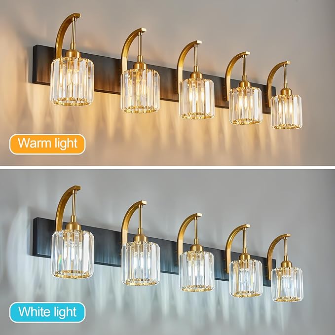 FDPBY 5-Light Crystal Vanity Light, Modern Black Gold Bathroom Wall Sconce with K9 Crystal Shades, 42.51" Long Over Mirror Lighting for Vanity, Makeup, Hallway, Elegant & Easy Installation