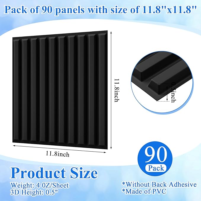Nuanchu 90 Pcs 3D Slat Wall Panels 12 x 12 Inch PVC Fluted Textured Panel Cuttable Paintable DIY Wall Art Decorative Tiles for Ceiling Studio Bathroom Interior TV Background (Black)