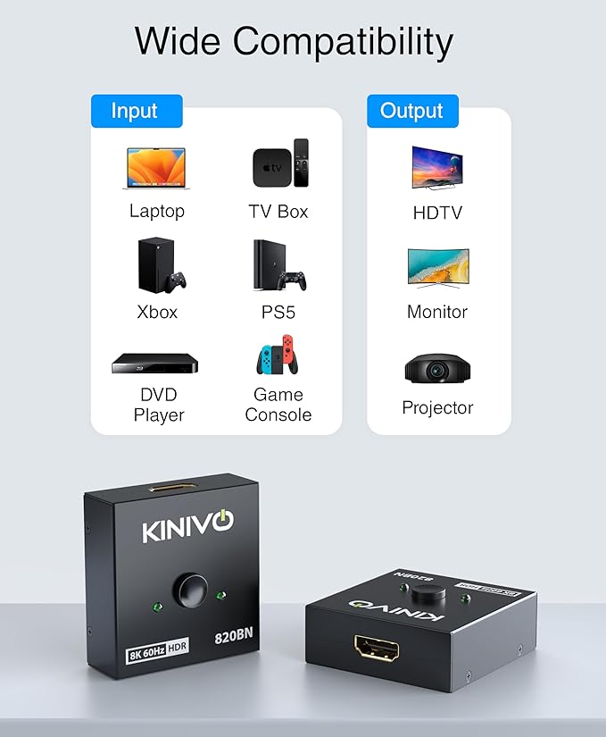 Kinivo 8K HDMI Switch 2 in 1 Out - (Uni-Directional, 8K 60Hz, Ultra HD Switcher Hub, 48Gbps HDMI Hub, HDR10+ Selector, Manual Switching Only) - Compatible with HDTV, PS5/4, Xbox, Projector
