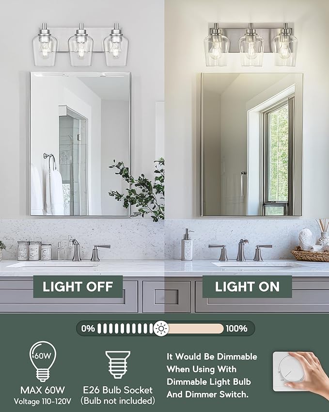 METWET Bathroom Light Fixtures, 3-Light Modern Vanity Light with Clear Glass Wine Glass-Shaped Shade, Vanity Lighting Fixtures Over Mirror, Brushed Nickel, VL155-BN-3