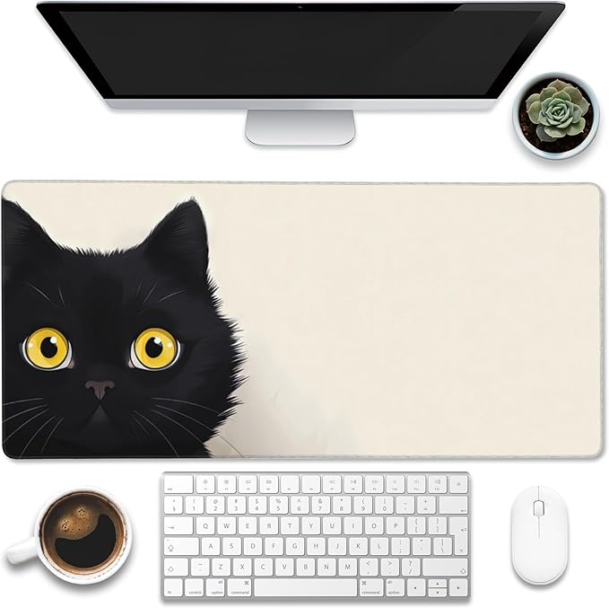 Eflxamz Desk Pad,Black Cat Desk Mat,Cute Cat Large Gaming Mouse Pad for Desk,Extended Big Computer Keyboard Mouse Pad with Non-Slip Base and Stitched Edge,35.4"x15.7"
