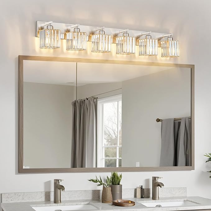 FDPBY Modern Vanity Light 6-Lights Brushed Nickel Vanity Light Crystal Bathroom Wall Light Bathroom Light Fixtures