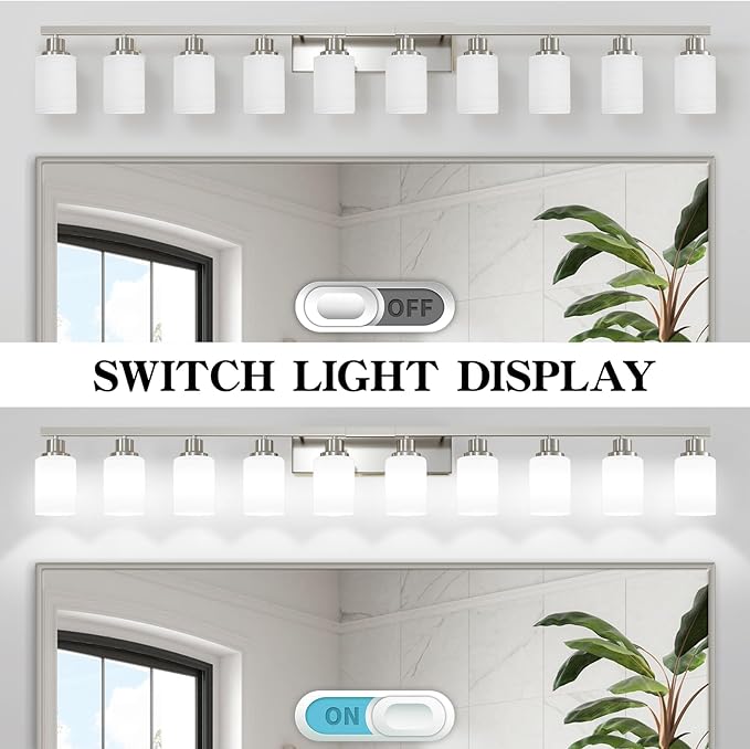 DIKAIDA 10-Light Bathroom Vanity Light Brushed Nickel,64.5in Vanity Lights with White Frosted Glass,Modern Bathroom Wall Lights Fixtures Over Mirror,Wall Sconces Lighting for Bedroom Living Room,E26