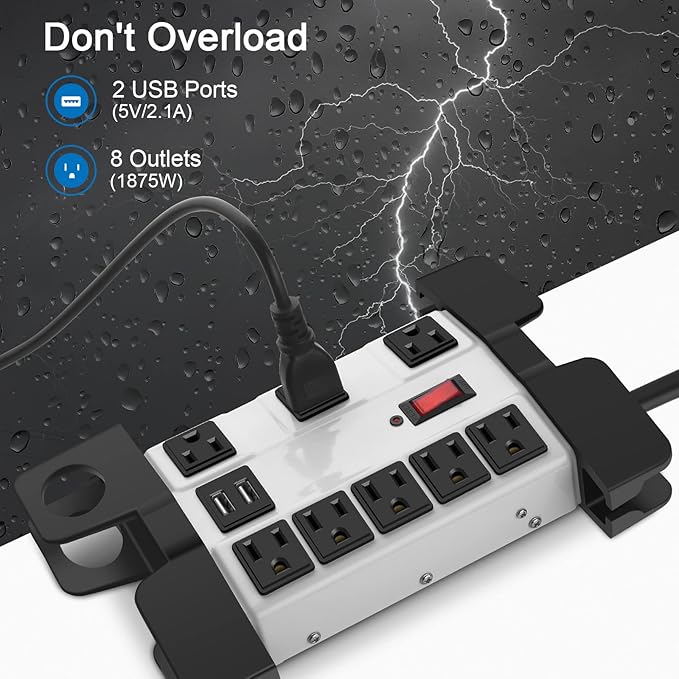 Heavy Duty Power Strip with USB, Workshop 8 Outlet Surge Protector 2700 Joules, Grey Industrial Metal 15Amp Power Strip, 12 FT Extension Cord and Wide Spaced.