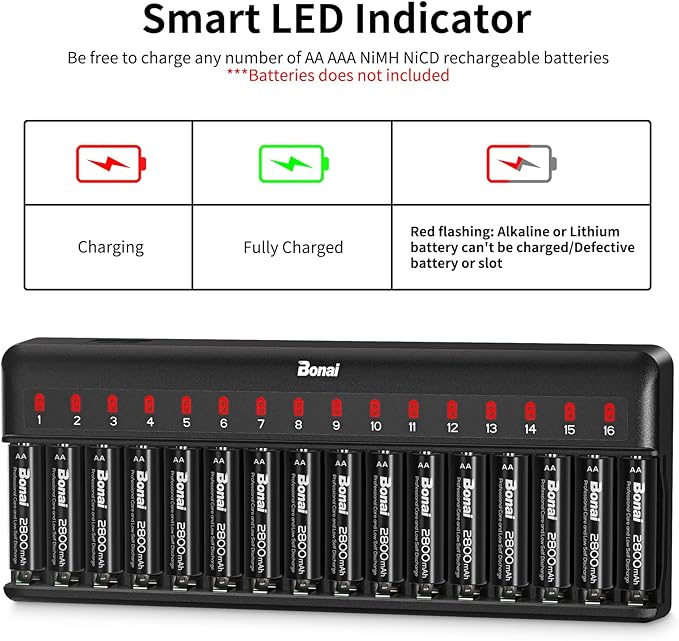 BONAI AA AAA Battery Charger 16 Bay for NiMH Rechargeable Batteries Independent Control with LED Light and Standard American AC Charging Plug, Battery not Included - Black