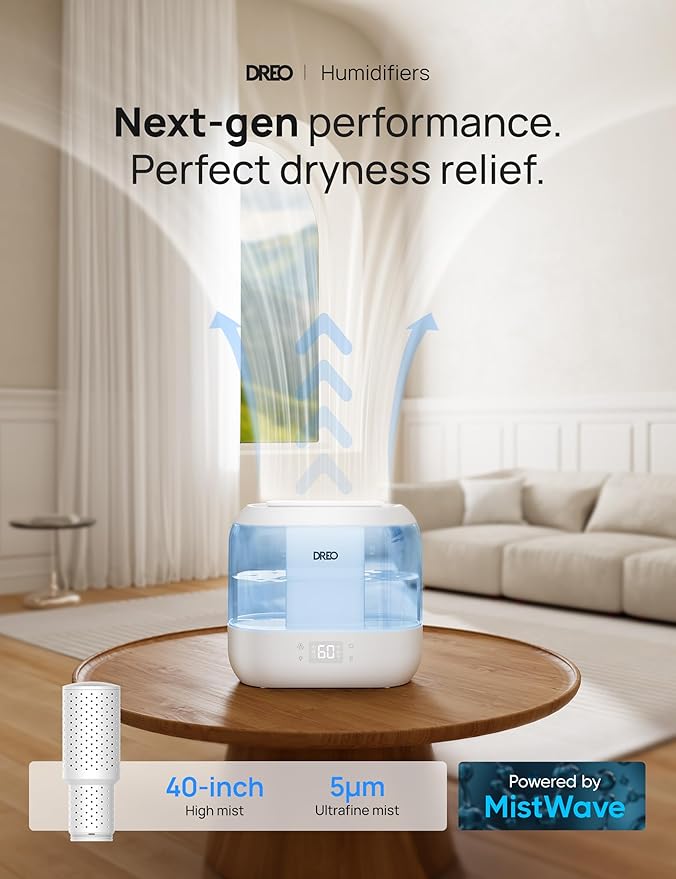 DREO Smart Humidifiers for Bedroom, Top Fill 4L Supersized Humidifier Large Room with 28 dB, 36H Runtime, Touch/APP/Voice Control, Nightlight, Cool Mist Humidifiers for Baby, Plants, Indoor, Blue