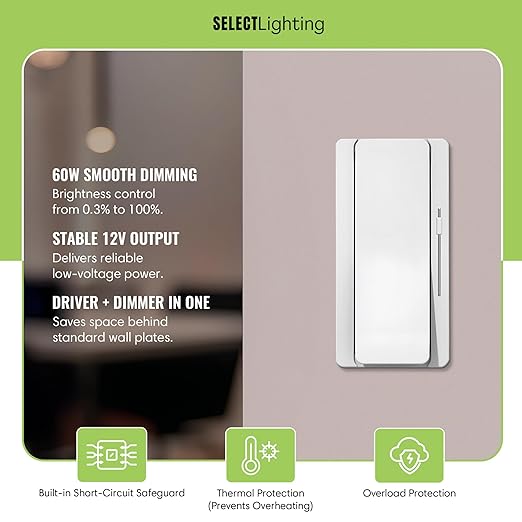 Select LED 96W 24V DC Driver and Dimmer Light Switch, 120VAC Tunable White CCT Decora Dimmer Switches for LED Lights, Preset Dimmer with On/Off 3-Way Switches