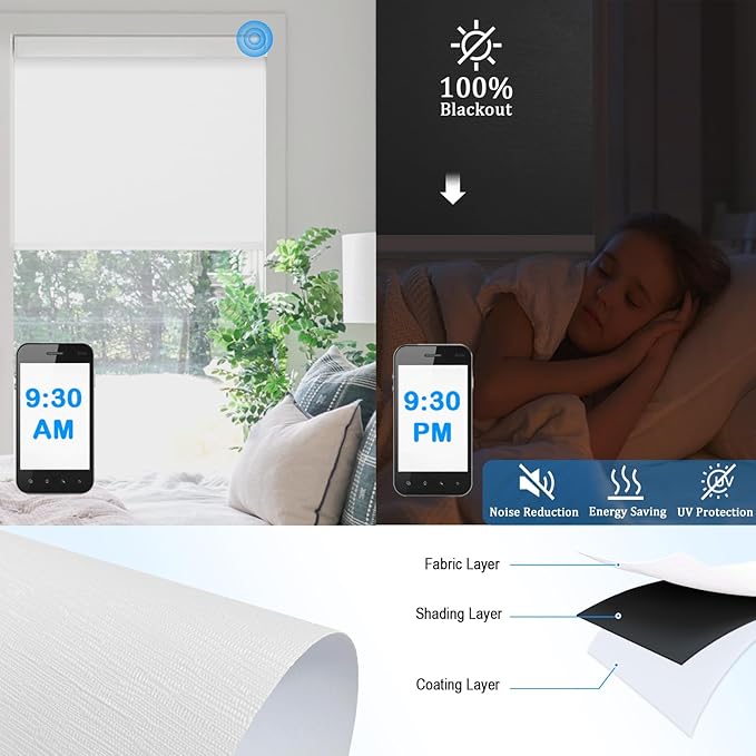 COOLWINDS Motorized Blinds with Remote Cordless Automatic Motorized Shades Custom Blinds for Windows Smart Curtains Compatible with Alexa Google Home(Blackout Jacquard White,W67 x H72in)