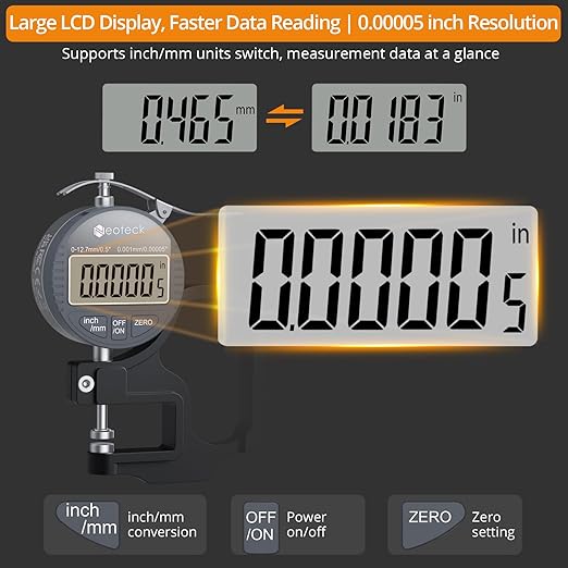 Neoteck Digital Thickness Gauge 0.5inch/12.7mm,0.00005inch/0.001mm LCD Display with Inch/MM Conversion One-Hand Quick Press Thickness Measuring Tool for Leather Paper Fabric Film etc.-Silver-Grey