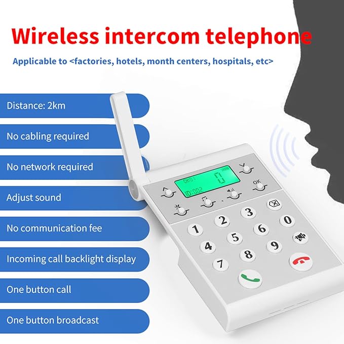 Eujgoov 1000m Distance Wireless Intercom Phone Hands Intercom System Intelligent Networking for Home, Business Office, Classroom, Telephone Audio (White)