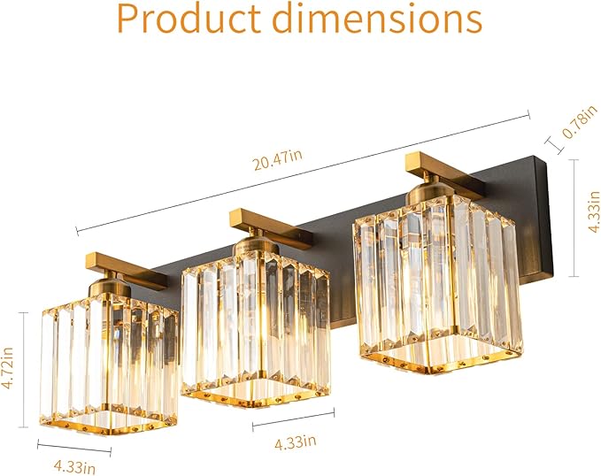 FDPBY Modern Bathroom Vanity Light 3-Lights Black Gold Crystal Bathroom Wall Light Vanity Light Fixtures，20.47-inch Modern Minimalist Design