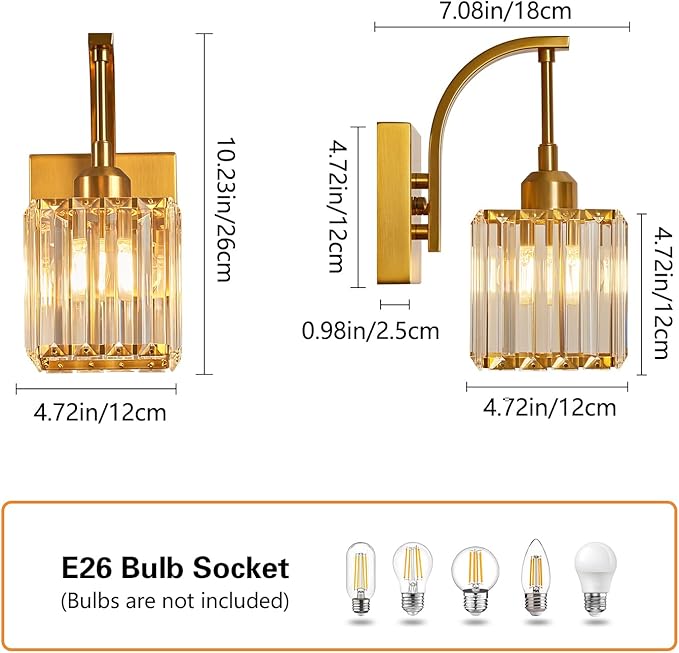 FDPBY Wall Sconces, Set of 2 Gold Crystal Vanity Lights, Modern Wall Lamp for Bathroom, Hallway, and Makeup, Easy Installation