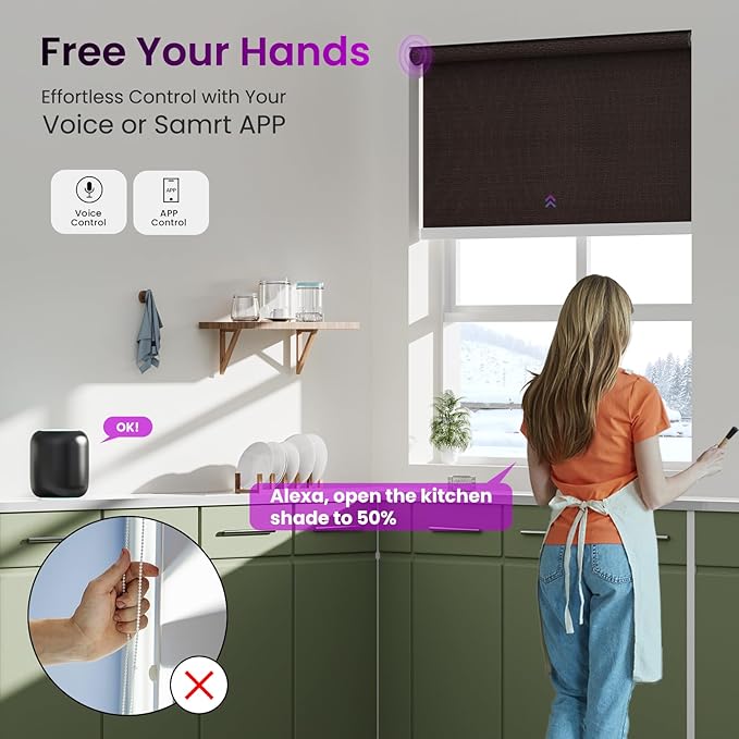 Astomi Motorized Roller Shades for Windows, Blackout Automatic Blinds with Remote, Smart Blinds, Voice Control, Compatible with Alexa, Google, Custom Size (Woven Brown)