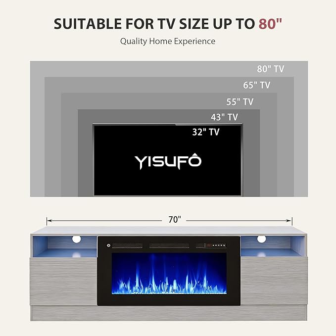 YISUFO 70" TV Stand with 36" Electric Fireplace, Large Modern Media Entertainment Center with Storage Cabinet and 12 Colors LED Lights for TVs Up to 80",Grey and Black