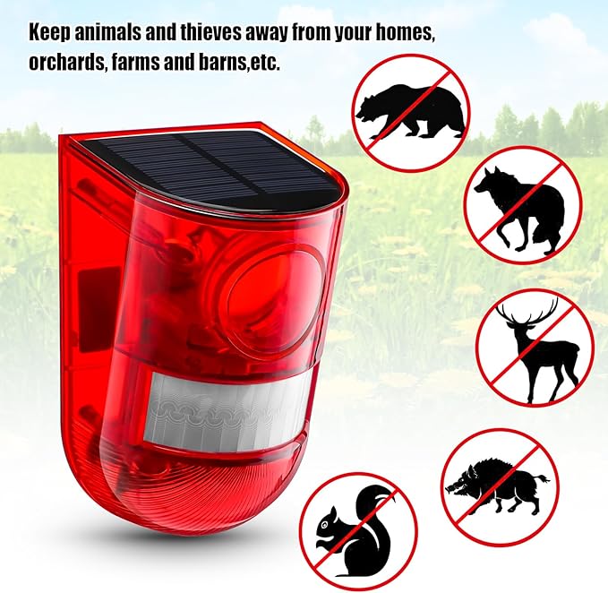 Qualirey 12 Pack Solar Sound and Light Alarm Motion Sensor 129db Outdoor Security Siren Waterproof Motion Activated Detector Alarm 6 LEDs Flash Warning Strobe System for Home, Farm (Red)