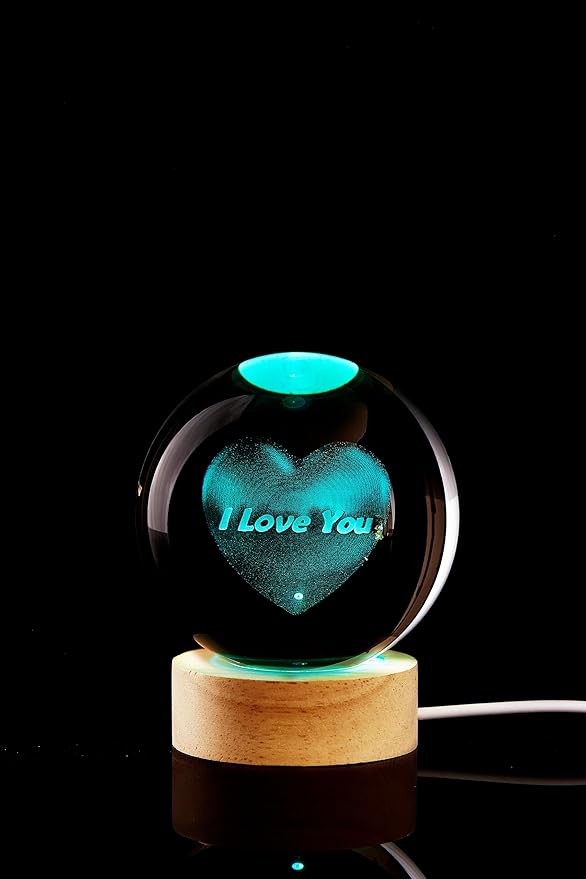 3D Crystal Ball Lamp,Lifelike LED Heart Night Light,16 Color Changing Light,Dimmable Remote Control, Romantic I Love You Lamp