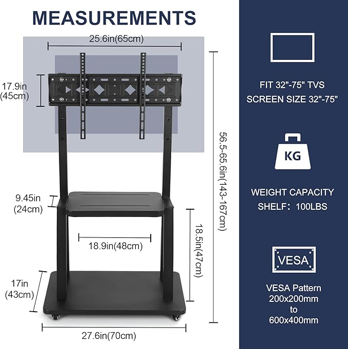Maiproo Rolling TV Stand with Wheels for 32-75 Inch Heavy-Duty Mobile TV Cart LCD LED OLED Flat Panel Screens Smartboard Holds up to 100lbs Portable TV Stand on Wheels with Shelf Height Ajustable