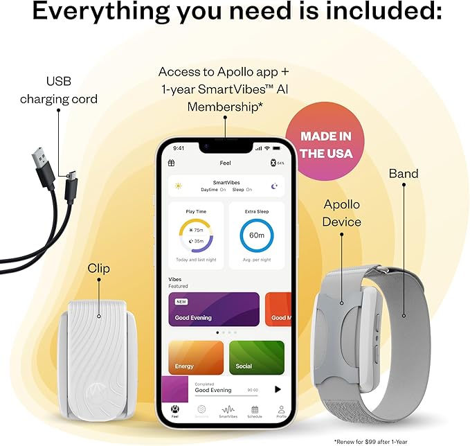 Apollo Neuro Wearable & 12-Month SmartVibes AI Membership – Sleep Aid & Stress Relief Device | Fall Asleep Faster, Sleep Longer & Deeper | Boost Focus, Relaxation & Calm (Glacier)