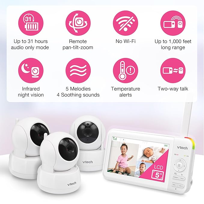 VTech Video Baby Monitor with 5" LCD Screen, Up to 17Hrs Video & 31Hrs Audio Battery Life, Night Vision, 1000ft Range, Pan-Tilt-Zoom, Lullabies, Soothing Sounds, Temperature Sensor, No WiFi: 924W