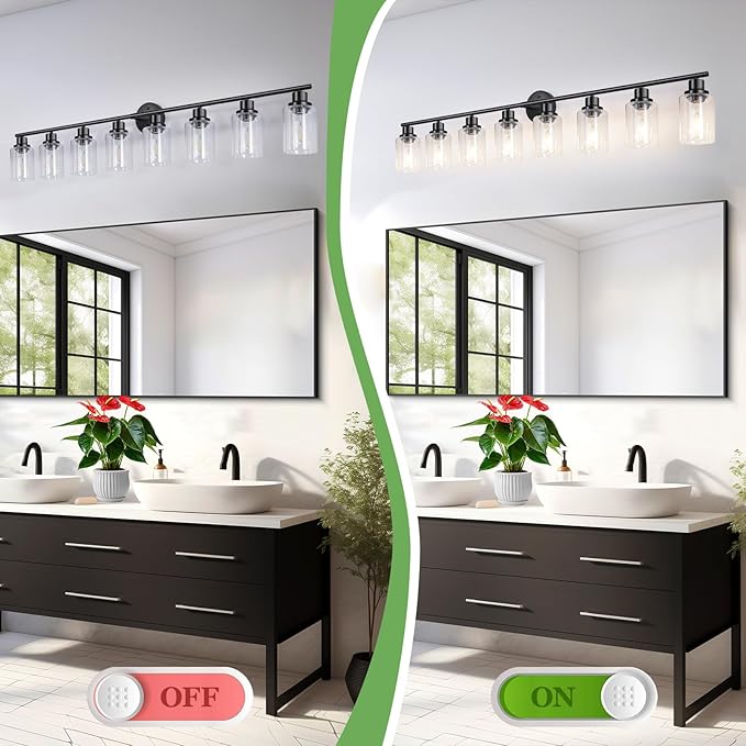 Guliaofo 8-Light Black Vanity Lights, Modern Bathroom Light Fixtures with Clear Glass Shade, Wall Lamps for Mirror Kitchen Hallway Cabinet Living Room Sconces Lights - E26