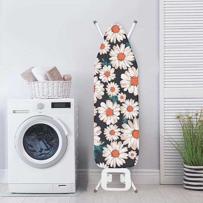 ZCFYGDX Breathable Ironing Board Cover,Resist Scorch Polyester & Staining,Wear & Soil Resistant Covers, Easy Installation 3 Fasteners,Elastic Edges (18 x 58 inch) Oil Painting White Daisy Print