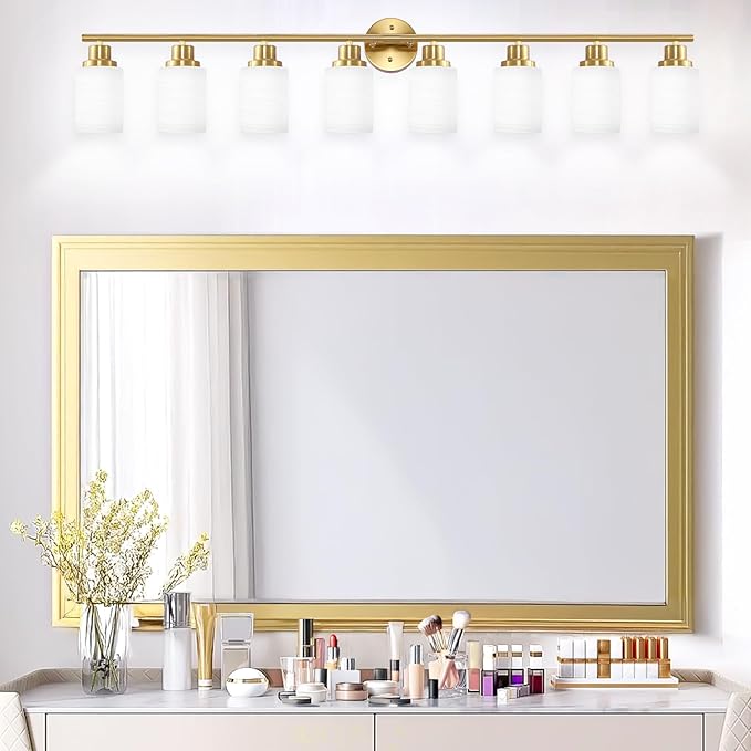 Guliaofo 8-Light Vanity Lights, Brushed Gold Bathroom Light Fixture with Striped Textured Milky White Glass Shade, Modern Vanity Lighting Fixture for Bathroom Wall Light Over Mirror, E26 Wall Sconce