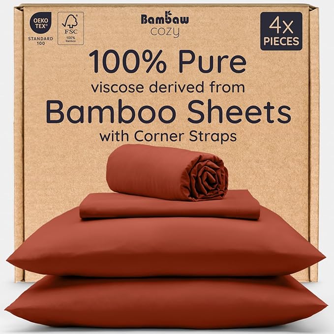Bambaw 100% Viscose Derived from Bamboo Sheets California King Size Set – 4pcs Deep Pocket Cooling Sheets, Fits Up to 16'', Bedding for Night Sweats, Extra Soft Sheet Set (Terracotta)