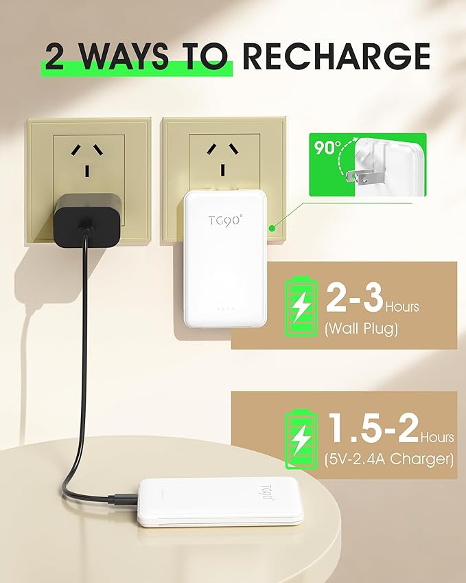 TG90° 5000mAh Small Portable Charger Built in AC Wall Plug and Cables, Card Size Power Bank with USB C Cords for Phones, 3 Output External Battery Pack Compatible with iPhone, Android Devices