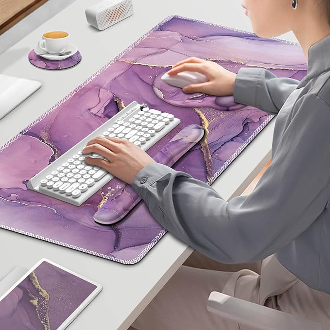 ToLuLu Desk Mat, XXL Large Mouse Pad Wrist Support Set，4 in1 Gaming Mousepad Desk Pad+ Ergonomic Mouse Pad with Wrist Rest + Keyboard Wrist Rest+Coaster for Women Home Office Computer, Purple Marble