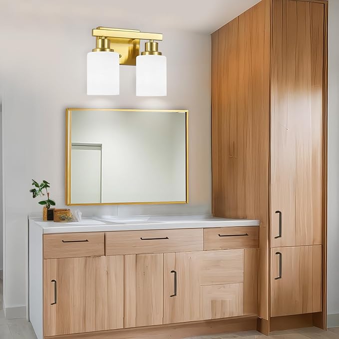 DIKAIDA Gold Bathroom Light Fixtures Over Mirror, 2-Light Modern Vanity Lights with White Glass Shade, Bathroom Wall Lamp Sconces for Mirror Bedroom, Living Room Hallway Small Space