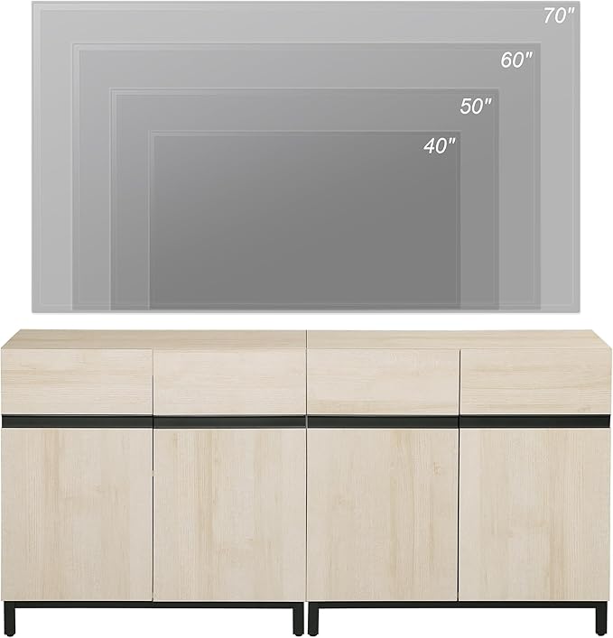 Wampat Modern TV Stand for 70 inch TVs, 2 in 1 Entertainment Center Console with Adjustable Shelves and Metal Base for Living Room, Bedroom, Light Oak