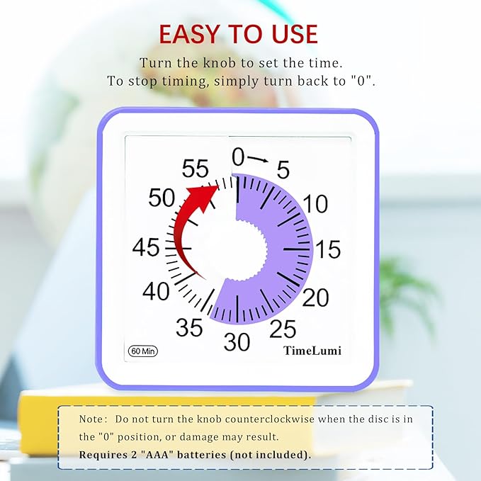 TimeLumi 60-Minute Visual Timer for Kids, Time Management Tool Study Classroom Timer, Home Edition Silent Countdown Timer for Toddler, Teachers and Adults (Purple)