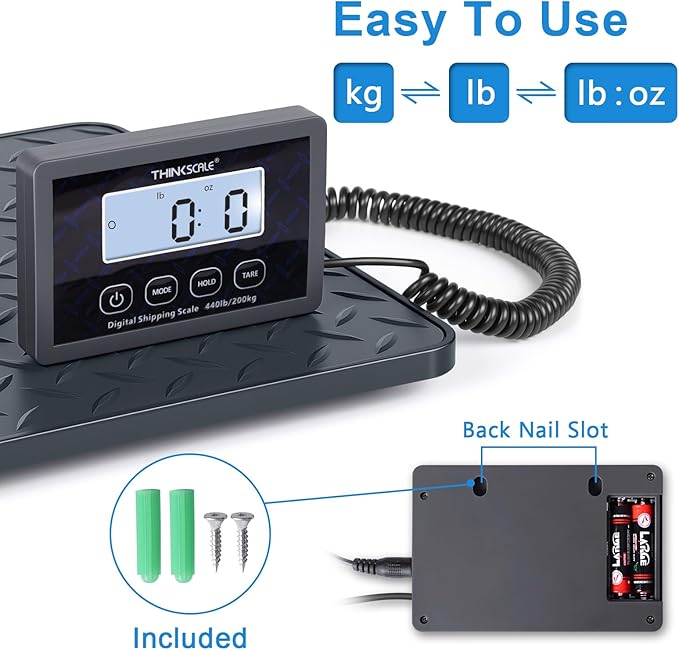 THINKSCALE Shipping Postal Scale with Integrated One-Piece Platform, 10g High Accuracy 440lb Capacity for Packages, Small Business & Warehouse, Battery & AC Adapter Included