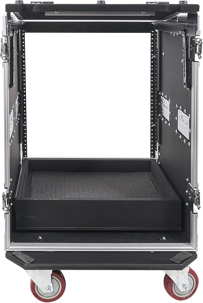 Sound Town 14U PA DJ Pro Audio Rack/Road ATA Case with 2U Drawer, 11U Slant Mixer Top, DJ Work Table, Casters, Pro Tour Grade (MR-DR14UT)