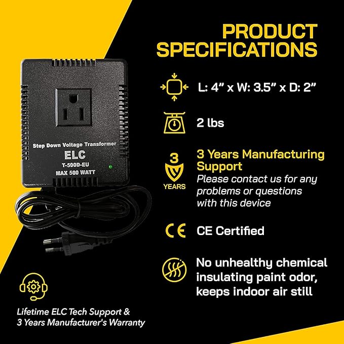 ELC 500-Watt Voltage Converter - Step Down - 220v to 110v / 240v to 120v Travel Power Converter - for Hair Straightener, Hair Dryer, Laptops and Chargers, CE Certified [3-Years Warranty]