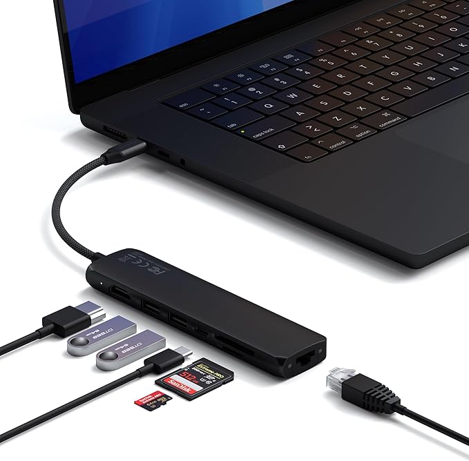 Satechi 7 in 1 USB C Hub Multiport Adapter with Ethernet, HDMI 4K@60Hz, 100W PD Charging, 2X USB-A Data Ports, Micro/SD Card Readers for MacBook Air/Pro M5/M4, iPad, Windows - Black