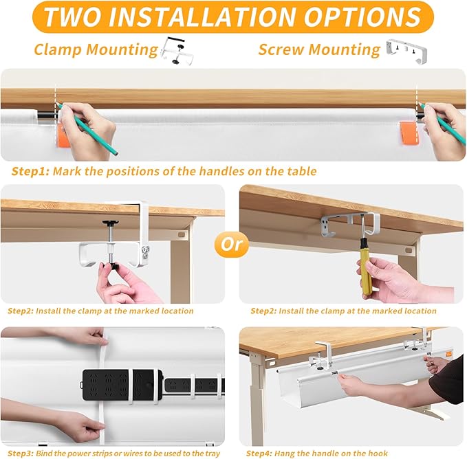 SUREUP9 No Drill Under Desk Cable Management Tray, 48" Cord Organizer with Clamp, Fabric Cable Management for Standing Desks, Ideal for Home & Office - White