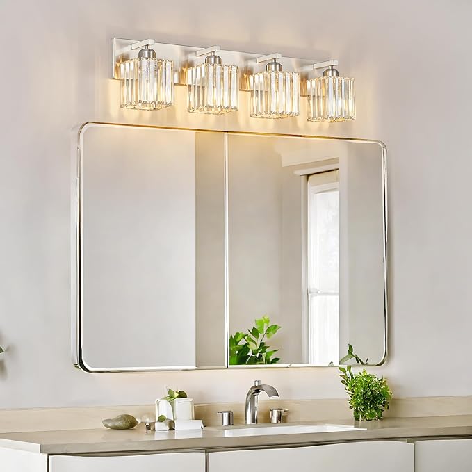 FDPBY Modern Vanity Light 4-Lights Brushed Nickel Vanity Light Crystal Bathroom Wall Light Bathroom Light Fixtures