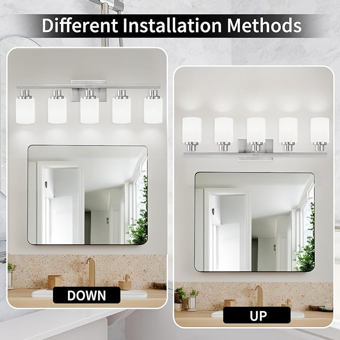 DIKAIDA 5-Light Bathroom Light Fixtures, 30" Nickel Bathroom Vanity Light with Milky White Glass Shade, Modern Bathroom Wall Lights Over Mirror, Farmhouse Wall Sconces Lighting for Bedroom Living Room