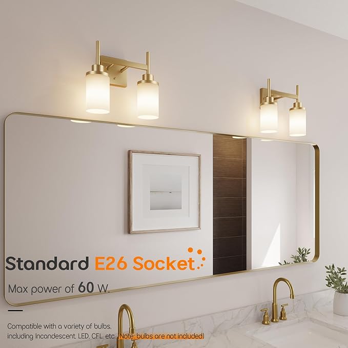 AONEON Vanity Lighting Fixtures with White Frosted Glass Shade, Double Wall Lamps for Bathroom Mirror Bedroom Living Room Washroom Porch, Gold T001GD-L2
