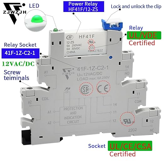 20Pcs 12V Electromechanical Power Relays 12V Relay Din Rail 5 Pin 6Amp SPDT, Socket Base with LED Indicator 41F-1Z-C2, with DIN Rail