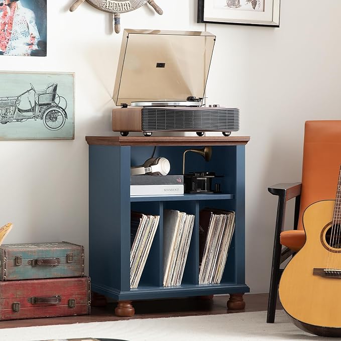 Joaxswe Record Player Stand with Charging Station Up to 200 Albums, 24" Wide Mid-Century Record Player Table with Vinyl Record Storage,Large Wood Turntable Stand Dispaly Cabinet for Living Room,Blue