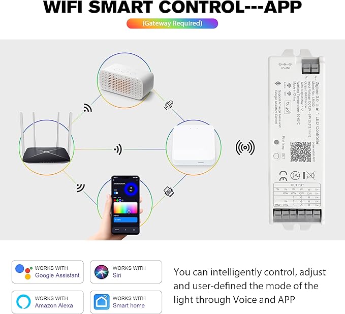 XXK LM052 ZigBee 3.0 LED Strip Controller RGB CCT RGBW 5in1 Dimmable Compatible with Smart Life APP/Alexa Echo/Google Assistant Home/Siri, DC12-24V Lights Controller（Require ZigBee Hub）