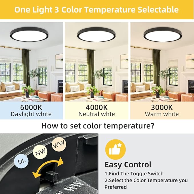 RLEDPZTX Led Flush Mount Ceiling Light,16 Inch 32w 3480lm,3000k/4000k/6000k 3CCT Selectable, Round Modern Flat Panel Super Slim Led Ceiling Light,for Living Dining Kitchen Bedroom Room (1Pack-Black)