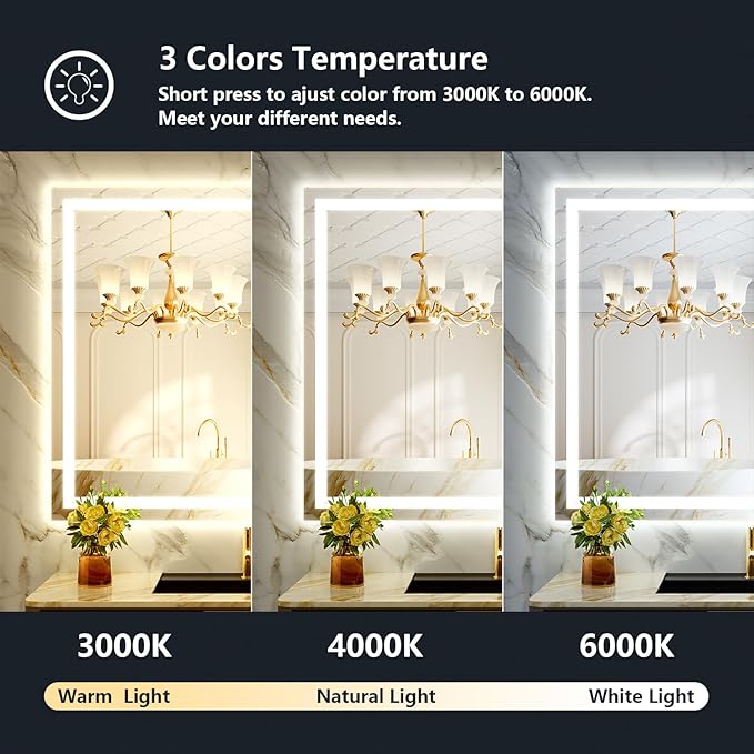 YEELAIT 44x36 Inch LED Bathroom Mirror with Lights Front and Backlit Lighted Vanity Mirror for Bathroom Wall with 3 Colors Dimmable Anti-Fog Memory Shatter-Proof IP54 Waterproof Horizontal/Vertical