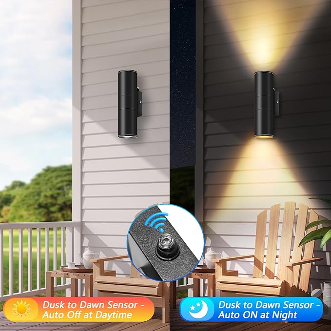 RIDALUX Dusk to Dawn Outdoor Wall Lights: 2 Pack Sensor Waterproof Cylinder Up Down Lights - Aluminum Modern Outdoor Wall Sconce for Porch Patio