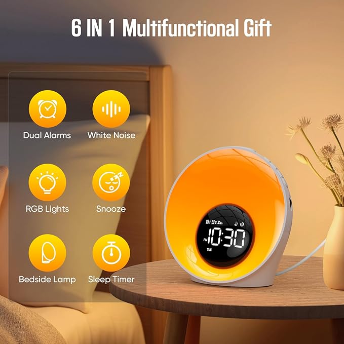 Wake Up Light Sunrise Alarm Clock, White Noise Sleep Sound Machine with 30 Soothing Sounds, Night Lights, Dual Alarms, Snooze, Timer, Bedside Lamp, Christmas Gift for Women, Kids, Heavy Sleepers